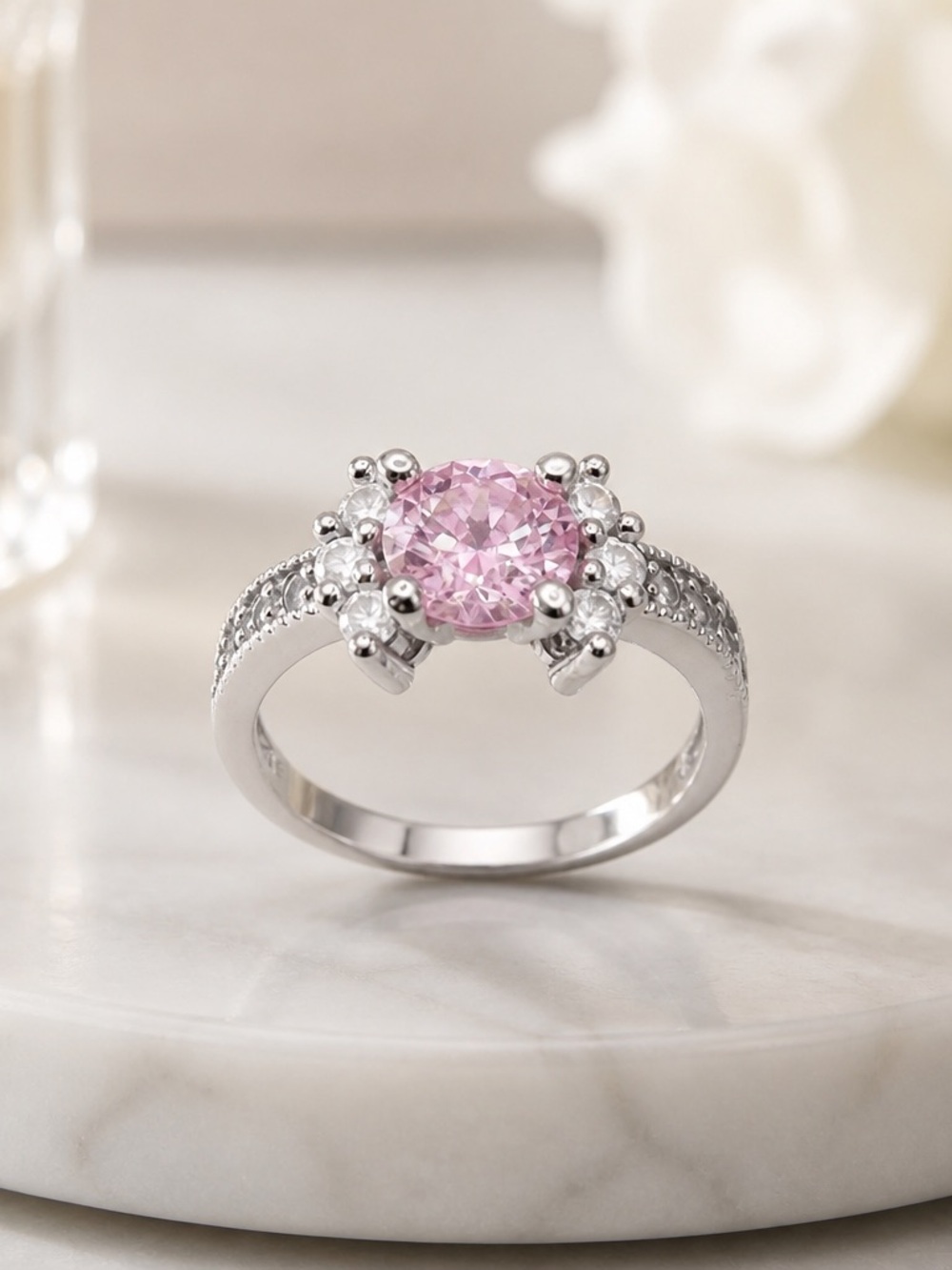 Size 6.5 Sterling Silver Pink Cubic Zirconia Halo Ring
